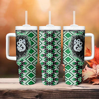 Green Taniko Motif Aotearoa Manaia and Silver Fern Tumbler With Handle