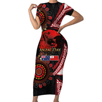 Tonga and Australia ANZAC Day Family Matching Short Sleeve Bodycon Dress and Hawaiian Shirt Aboriginal and Ngatu Art Pattern - Gallipoli Lest We Forget LT03 Mom's Dress Black - Polynesian Pride