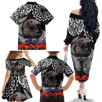 New Zealand and Cook Islands ANZAC Day Family Matching Off The Shoulder Long Sleeve Dress and Hawaiian Shirt Gallipoli Lest We Forget Tatau Art Tribal and Maori Tattoo with Fern LT03 - Polynesian Pride