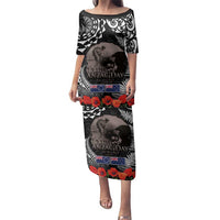 New Zealand and Cook Islands ANZAC Day Family Matching Puletasi and Hawaiian Shirt Gallipoli Lest We Forget Tatau Art Tribal and Maori Tattoo with Fern LT03 Mom's Dress Black - Polynesian Pride