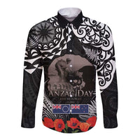 New Zealand and Cook Islands ANZAC Day Long Sleeve Button Shirt Gallipoli Lest We Forget Tatau Art Tribal and Maori Tattoo with Fern LT03 Unisex Black - Polynesian Pride