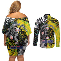 New Zealand and Cook Islands Together Couples Matching Off Shoulder Short Dress and Long Sleeve Button Shirt Tatau Art Tribal Pattern-Maori Tattoo with Fern and Paua Shell LT03 - Polynesian Pride