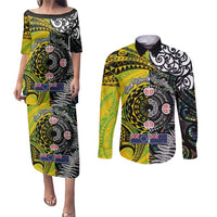New Zealand and Cook Islands Together Couples Matching Puletasi and Long Sleeve Button Shirt Tatau Art Tribal Pattern-Maori Tattoo with Fern and Paua Shell LT03 Art - Polynesian Pride