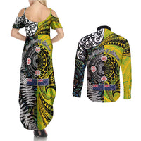 New Zealand and Cook Islands Together Couples Matching Summer Maxi Dress and Long Sleeve Button Shirt Tatau Art Tribal Pattern-Maori Tattoo with Fern and Paua Shell LT03 - Polynesian Pride