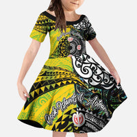 New Zealand and Cook Islands Together Family Matching Off The Shoulder Long Sleeve Dress and Hawaiian Shirt Tatau Art Tribal Pattern-Maori Tattoo with Fern and Paua Shell LT03 Daughter's Dress Art - Polynesian Pride