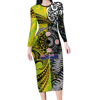 New Zealand and Cook Islands Together Long Sleeve Bodycon Dress Tatau Art Tribal Pattern-Maori Tattoo with Fern and Paua Shell LT03 Long Dress Art - Polynesian Pride
