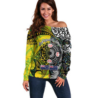 New Zealand and Cook Islands Together Off Shoulder Sweater Tatau Art Tribal Pattern-Maori Tattoo with Fern and Paua Shell LT03 Women Art - Polynesian Pride