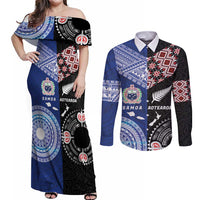 Personalised Aotearoa and Samoa Together Couples Matching Off Shoulder Maxi Dress and Long Sleeve Button Shirt Tatau Art Tattoos-Taniko and Tukutuku with Maori Pattern