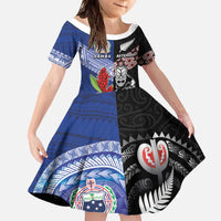 Custom Aotearoa and Samoa Rugby Family Matching Off The Shoulder Long Sleeve Dress and Hawaiian Shirt Maori Warrior and Teuila Emblem-Tatau with Taniko Art
