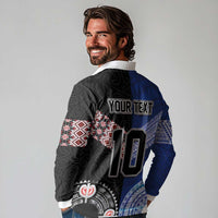 Custom Aotearoa and Samoa Rugby Long Sleeve Polo Shirt Maori Warrior and Teuila Emblem-Tatau with Taniko Art