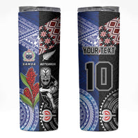 Custom Aotearoa and Samoa Rugby Skinny Tumbler Maori Warrior and Teuila Emblem-Tatau with Taniko Art LT03 Black - Polynesian Pride