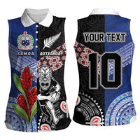 Custom Aotearoa and Samoa Rugby Women Sleeveless Polo Shirt Maori Warrior and Teuila Emblem-Tatau with Taniko Art