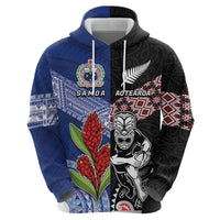 Custom Aotearoa and Samoa Rugby Zip Hoodie Maori Warrior and Teuila Emblem-Tatau with Taniko Art