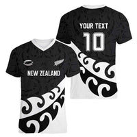Custom NZ Rugby Women V-Neck T-Shirt Koru and Silver Fern Sporty Style
