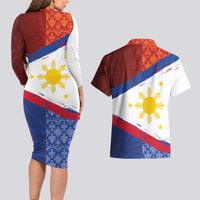 Philippines National Flag Day Couples Matching Long Sleeve Bodycon Dress and Hawaiian Shirt Polynesian and Yakan Tattoo Brush Style