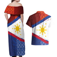 Philippines National Flag Day Couples Matching Off Shoulder Maxi Dress and Hawaiian Shirt Polynesian and Yakan Tattoo Brush Style
