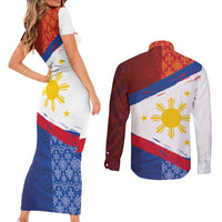Philippines National Flag Day Couples Matching Short Sleeve Bodycon Dress and Long Sleeve Button Shirt Polynesian and Yakan Tattoo Brush Style