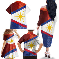 Philippines National Flag Day Family Matching Off The Shoulder Long Sleeve Dress and Hawaiian Shirt Polynesian and Yakan Tattoo Brush Style