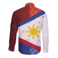 Philippines National Flag Day Long Sleeve Button Shirt Polynesian and Yakan Tattoo Brush Style