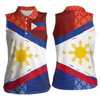 Philippines National Flag Day Women Sleeveless Polo Shirt Polynesian and Yakan Tattoo Brush Style