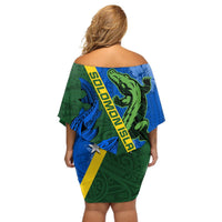 Solomon Island Crocodile and Shark Off Shoulder Short Dress Polynesian Pattern LT03 - Polynesian Pride