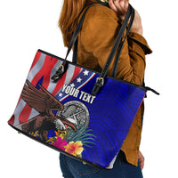 Personalised American Samoa and United States Leather Tote Bag Bald Eagle and Seal Hibiscus Polynesian Pattern