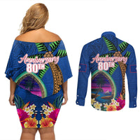 Guam Liberation Day 80th Anniversary Couples Matching Off Shoulder Short Dress and Long Sleeve Button Shirt Palm Tree and Seal Artwork Hibiscus Polynesian Pattern