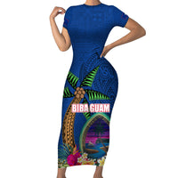 Guam Liberation Day 80th Anniversary Family Matching Short Sleeve Bodycon Dress and Hawaiian Shirt Palm Tree and Seal Artwork Hibiscus Polynesian Pattern