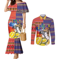 Philippines Kadayawan Couples Matching Mermaid Dress and Long Sleeve Button Shirt Filipino Eagle Durian with Polynesian and Igorots Pattern