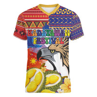 Philippines Kadayawan Women V-Neck T-Shirt Filipino Eagle Durian with Polynesian and Igorots Pattern