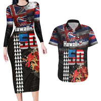 Hawaii Statehood Day Couples Matching Long Sleeve Bodycon Dress and Hawaiian Shirt 50th state of the United States Kakau Tattoos and Hibiscus Grunge LT03 Black - Polynesian Pride