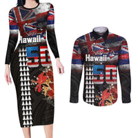Hawaii Statehood Day Couples Matching Long Sleeve Bodycon Dress and Long Sleeve Button Shirt 50th state of the United States Kakau Tattoos and Hibiscus Grunge LT03 Black - Polynesian Pride