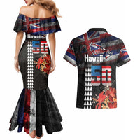 Hawaii Statehood Day Couples Matching Mermaid Dress and Hawaiian Shirt 50th state of the United States Kakau Tattoos and Hibiscus Grunge LT03 - Polynesian Pride