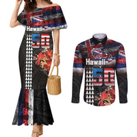 Hawaii Statehood Day Couples Matching Mermaid Dress and Long Sleeve Button Shirt 50th state of the United States Kakau Tattoos and Hibiscus Grunge LT03 Black - Polynesian Pride