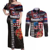 Hawaii Statehood Day Couples Matching Off Shoulder Maxi Dress and Long Sleeve Button Shirt 50th state of the United States Kakau Tattoos and Hibiscus Grunge LT03 Black - Polynesian Pride