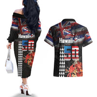 Hawaii Statehood Day Couples Matching Off The Shoulder Long Sleeve Dress and Hawaiian Shirt 50th state of the United States Kakau Tattoos and Hibiscus Grunge - Polynesian Pride