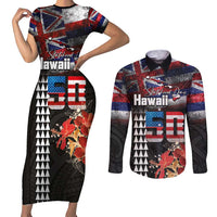 Hawaii Statehood Day Couples Matching Short Sleeve Bodycon Dress and Long Sleeve Button Shirt 50th state of the United States Kakau Tattoos and Hibiscus Grunge LT03 Black - Polynesian Pride