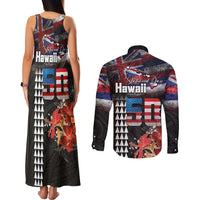Hawaii Statehood Day Couples Matching Tank Maxi Dress and Long Sleeve Button Shirt 50th state of the United States Kakau Tattoos and Hibiscus Grunge LT03 - Polynesian Pride