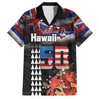 Hawaii Statehood Day Family Matching Off Shoulder Short Dress and Hawaiian Shirt 50th state of the United States Kakau Tattoos and Hibiscus Grunge LT03 Dad's Shirt - Short Sleeve Black - Polynesian Pride