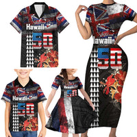 Hawaii Statehood Day Family Matching Short Sleeve Bodycon Dress and Hawaiian Shirt 50th state of the United States Kakau Tattoos and Hibiscus Grunge LT03 - Polynesian Pride