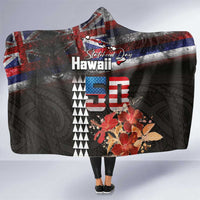 Hawaii Statehood Day Hooded Blanket 50th state of the United States Kakau Tattoos and Hibiscus Grunge - Polynesian Pride