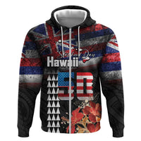 Hawaii Statehood Day Hoodie 50th state of the United States Kakau Tattoos and Hibiscus Grunge - Polynesian Pride
