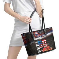 Hawaii Statehood Day Leather Tote Bag 50th state of the United States Kakau Tattoos and Hibiscus Grunge LT03 - Polynesian Pride
