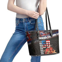 Hawaii Statehood Day Leather Tote Bag 50th state of the United States Kakau Tattoos and Hibiscus Grunge LT03 - Polynesian Pride