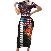 Hawaii Statehood Day Short Sleeve Bodycon Dress 50th state of the United States Kakau Tattoos and Hibiscus Grunge LT03 Long Dress Black - Polynesian Pride