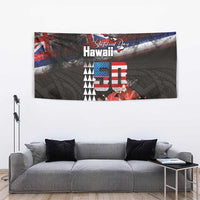 Hawaii Statehood Day Tapestry 50th state of the United States Kakau Tattoos and Hibiscus Grunge - Polynesian Pride