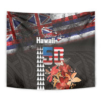 Hawaii Statehood Day Tapestry 50th state of the United States Kakau Tattoos and Hibiscus Grunge - Polynesian Pride