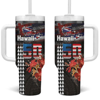 Hawaii Statehood Day Tumbler With Handle 50th state of the United States Kakau Tattoos and Hibiscus Grunge - Polynesian Pride