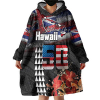 Hawaii Statehood Day Wearable Blanket Hoodie 50th state of the United States Kakau Tattoos and Hibiscus Grunge - Polynesian Pride