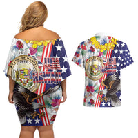 Hawaii and United States Together Couples Matching Off Shoulder Short Dress and Hawaiian Shirt Seal of Hawaii and Bald Eagle LT03 - Polynesian Pride